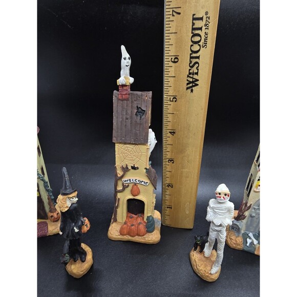 Vtg Halloween Village Rare Set  Poly Resin 3.5"/6.5" Skinny 4 Houses 4 Figures - Picture 5 of 16